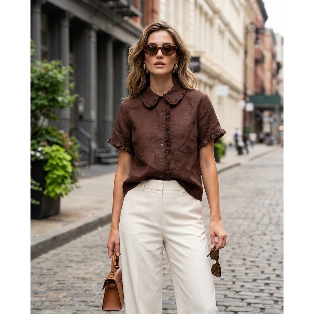 J. Crew Linen Button Up Blouse Women's Medium Brown Ruffle Trim Short Sleeve